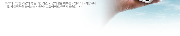 큐텍의 모습은 기업의 꼭 필요한 기업, 기업의 꿈을 이루는 기업이 되고자합니다. 기업의 생명력을 불어넣는 기술력- 그것이 바로 큐텍의 모습입니다.